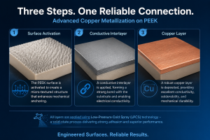 Conductive metal coating on PEEK polymer substrate created by low-pressure cold spray (LPCS) metallization process for structural electronics applications
